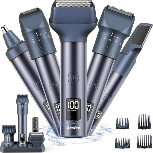 Aesfee 5-in-1 Beard Trimmer for Men, Waterproof Electric Razor & Hair Clippers Set with 20 Precision Dial Lengths, USB-C Charging Dock Shaving Kit
