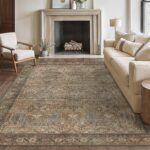 Bavni Washable Rug 8x10 Area Rug for Living Room Bedroom Dining, Washable Vintage Print Carpet, Ultra-Thin Chenille Low Pile Lightweight Rug with Non Slip Backing, Warm Taupe