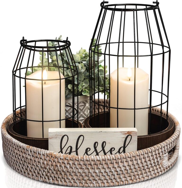 Rustic Farmhouse Lantern Decor Set of 2 - Stylish Decorative Lanterns for Your Living Room, Patio & Porch or Kitchen Dining Table - Modern Indoor/Outdoor Coffee Table Decor for Your Entire Home