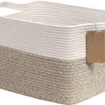 Goodpick Woven Storage Basket, Cotton Rope Basket for Dog Toys, Books, Stylish Gift Basket with Handles, 13 x 10 x 9 Inches Square Baskets for Organizing, Brown and White