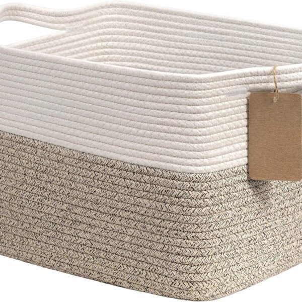 Goodpick Woven Storage Basket, Cotton Rope Basket for Dog Toys, Books, Stylish Gift Basket with Handles, 13 x 10 x 9 Inches Square Baskets for Organizing, Brown and White