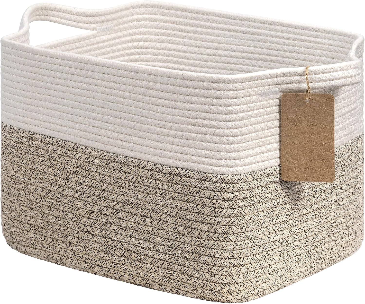 Goodpick Woven Storage Basket, Cotton Rope Basket for Dog Toys, Books, Stylish Gift Basket with Handles, 13 x 10 x 9 Inches Square Baskets for Organizing, Brown and White Goodpick Woven Storage Basket, Cotton Rope Basket for Dog Toys, Books, Stylish Gift Basket with Handles, 13 x 10 x 9 Inches Square Baskets for Organizing, Brown and White