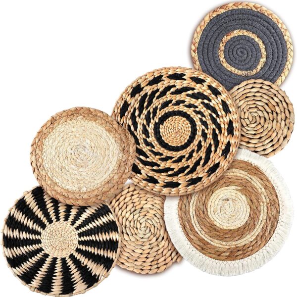 CroBlissful 7 Pcs Boho Wall Basket Decor Hanging Handcrafted Seagrass Woven Round Bohemian Basket Wall Decoration Art for Farmhouse Home Room Rustic Decorations Table, Multi Sizes(Classic)
