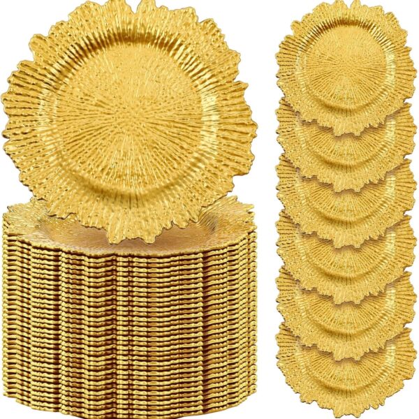 Tanlade 100 Pcs Reef Charger Plates Bulk 13 Inch Plastic Wedding Chargers Floral Decorative Plates with Metallic Ruffled Rim for Wedding Party, Holiday Event Supplies(Gold)