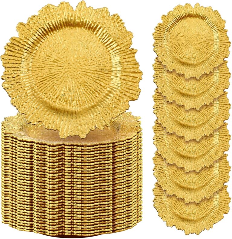 Tanlade 100 Pcs Reef Charger Plates Bulk 13 Inch Plastic Wedding Chargers Floral Decorative Plates with Metallic Ruffled Rim for Wedding Party, Holiday Event Supplies(Gold)
