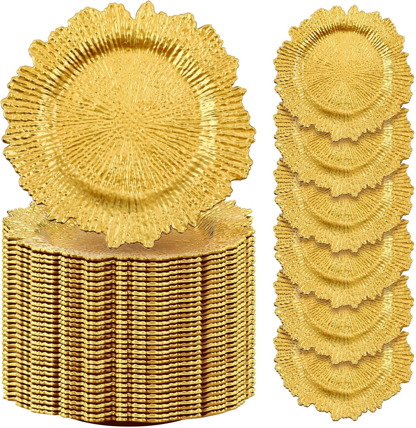 Tanlade 100 Pcs Reef Charger Plates Bulk 13 Inch Plastic Wedding Chargers Floral Decorative Plates with Metallic Ruffled Rim for Wedding Party, Holiday Event Supplies(Gold) Tanlade 100 Pcs Reef Charger Plates Bulk 13 Inch Plastic Wedding Chargers Floral Decorative Plates with Metallic Ruffled Rim for Wedding Party, Holiday Event Supplies(Gold)