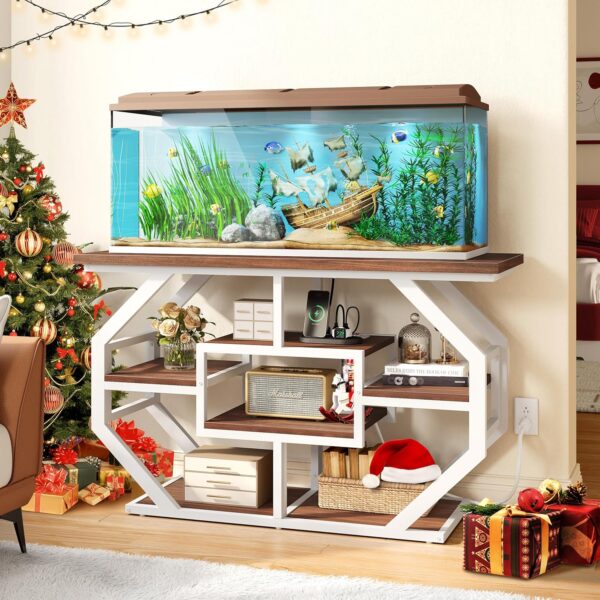 YITAHOME Heavy Duty 55-75 Gallon Fish Tank Stand with Power Outlet, Marble Aquarium Stand for Fish, Turtle, Reptile Terrarium, Shelves for Fish Tank Accessories Storage, 860LBS Capacity, White & Walnut
