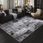 Rugcomf Area Rug 5x7 Washable Rug Boho Soft Abstract Pattern Non-Slip Faux Wool Vintage for Living Room, Bedroom, Farmhouse, Dining Room, Kids Playroom, Grey and Black