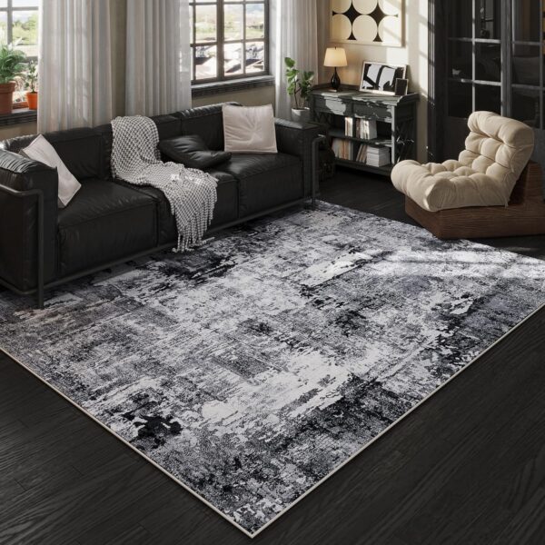 Rugcomf Area Rug 5x7 Washable Rug Boho Soft Abstract Pattern Non-Slip Faux Wool Vintage for Living Room, Bedroom, Farmhouse, Dining Room, Kids Playroom, Grey and Black
