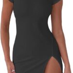 Women's 2024 Summer Sexy Short Sleeve Mock Neck Cut Out Backless Side Slit Drawstring Bodycon Mini Dress Clubwear