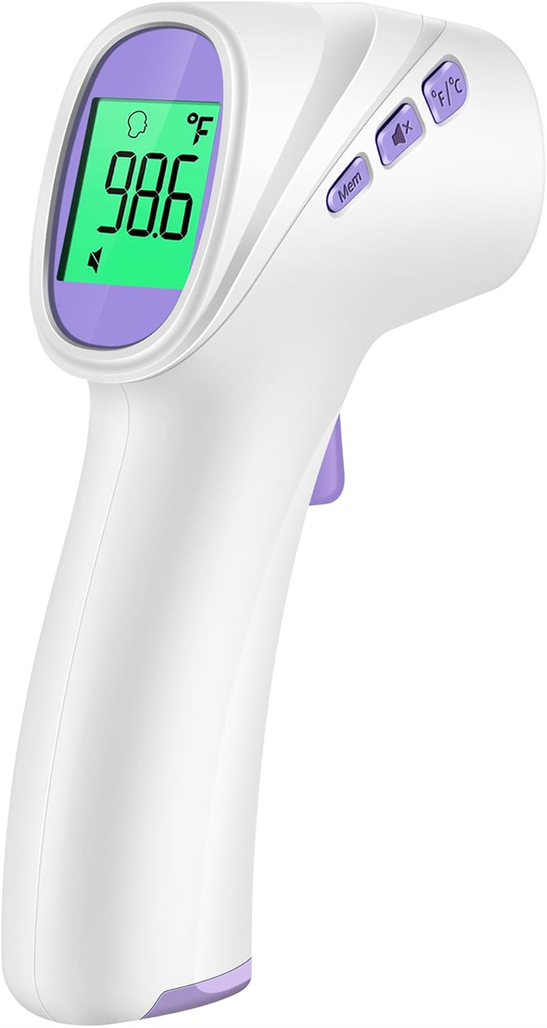 Forehead Thermometer for Adults, Kids & Babies, No-Touch Digital Thermometer with LCD Backlight Display, Fever Alarm and 1s Instant Reading - Purple Forehead Thermometer for Adults, Kids & Babies, No-Touch Digital Thermometer with LCD Backlight Display, Fever Alarm and 1s Instant Reading - Purple