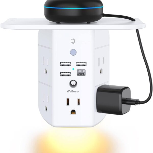 Mifaso Outlet Extender with Shelf and Night Light, 1800J Surge Protector | 5 Wide Outlet Splitter & 4 USB Ports Wall Charger, Multi Plug Wall Outlet Expander, Power Strip Plug Adapter for Home/Dorm/RV