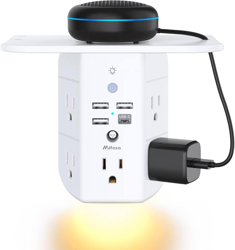 Mifaso Outlet Extender with Shelf and Night Light, 1800J Surge Protector | 5 Wide Outlet Splitter & 4 USB Ports Wall Charger, Multi Plug Wall Outlet Expander, Power Strip Plug Adapter for Home/Dorm/RV