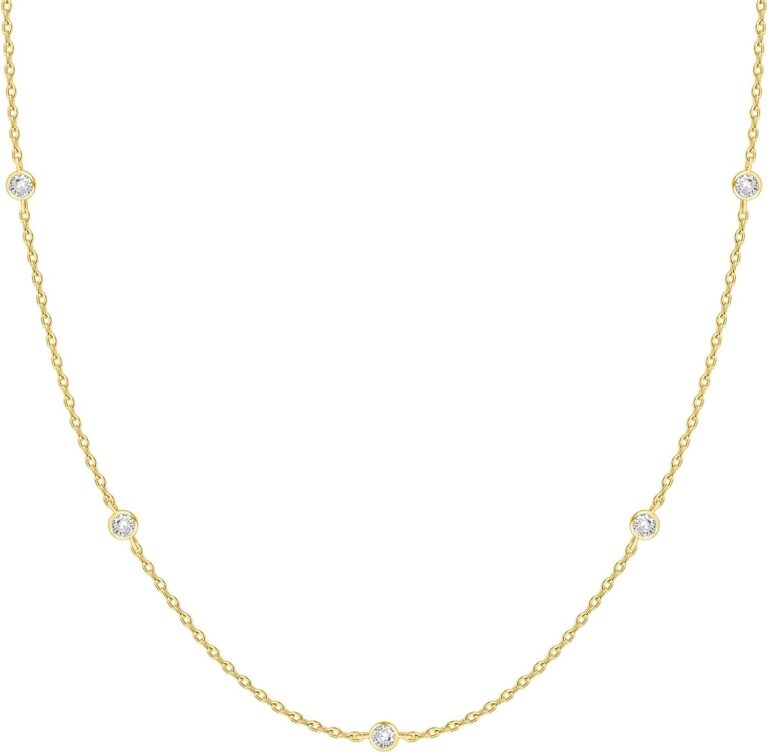 PAVOI 14K Gold Plated Station Necklace - Simulated Diamond Layering Necklaces - Womens CZ Chain