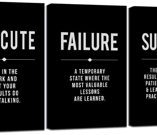 Framed Canvas Wall Art Success Quote For Office, Black Large Positive Motivational Poster, Set of 3, Execute Failure Definition, Inspirational Print (A-3pcs,12x16inchx3pcs)