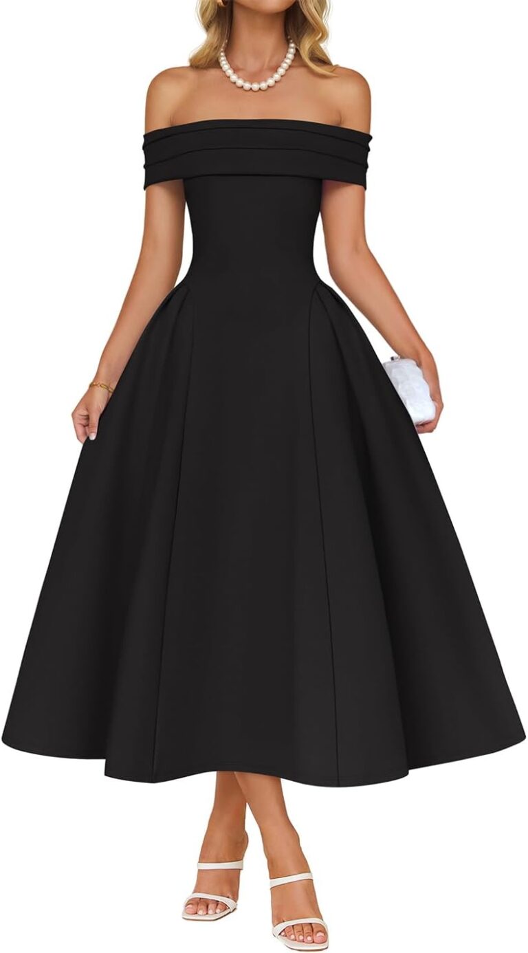 ZESICA Summer 2026 Cocktail Dresses for Women's Off Shoulder Short Sleeve Swing A Line Wedding Evening Party Midi Dress