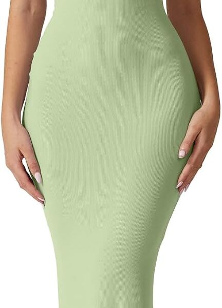 QINSEN Women's Square Neck with Lace Detail Long Maxi Dress Sleeveless Lounge Ribbed Full Length Dresses