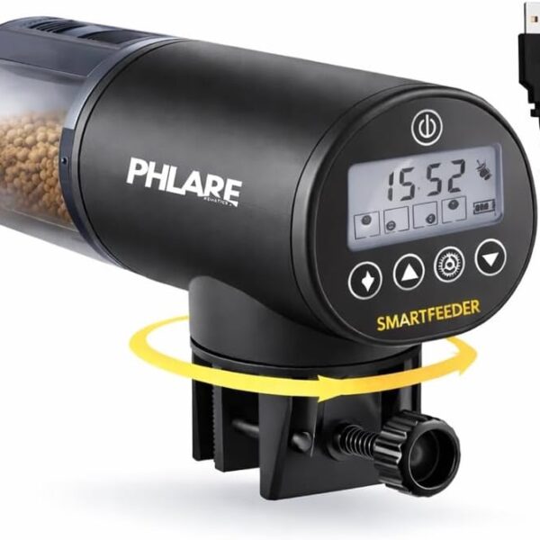 Automatic Fish Feeder for Aquariums & Fish Tanks USB-C Rechargeable Timer | 200ml capacity for flakes, pellets & granules. Timed vacation & weekend feeding for freshwater & saltwater fish. USB powered