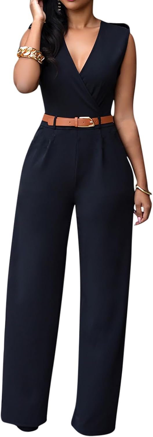 Pink Queen Jumpsuits for Women Dressy V Neck Sleeveless Wide Leg Long Pant Rompers Business Casual Outfits Pink Queen Jumpsuits for Women Dressy V Neck Sleeveless Wide Leg Long Pant Rompers Business Casual Outfits