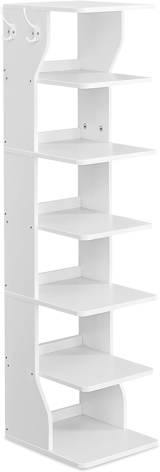 VASAGLE 7-Tier Vertical Shoe Rack, Narrow Shoe Storage Organizer with Hooks, Slim Corner Tower Shelf, Space-Saving for Entryway and Bedroom, White ULBS200T14 VASAGLE 7-Tier Vertical Shoe Rack, Narrow Shoe Storage Organizer with Hooks, Slim Corner Tower Shelf, Space-Saving for Entryway and Bedroom, White ULBS200T14