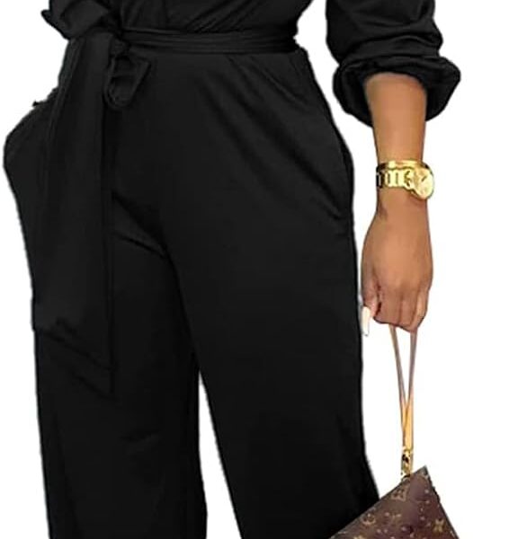 SxClub Jumpsuits for Women Formal Sexy Elegant Long Straight Pants Busineess Party Jumpsuit with Belt Pockets