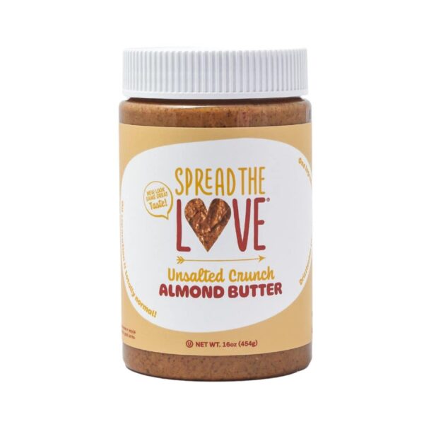 Spread The Love UNSALTED CRUNCH Almond Butter, 16 oz Jar, 1 Pack | All Natural, No Added Salt or Sugar, No Palm Fruit Oil, Not Pasteurized with PPO, Made in California