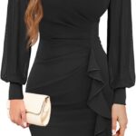 IHOT 2026 Women's Long Sheer Sleeve Ruched Sheath Bodycon Cocktail Party Work Dress