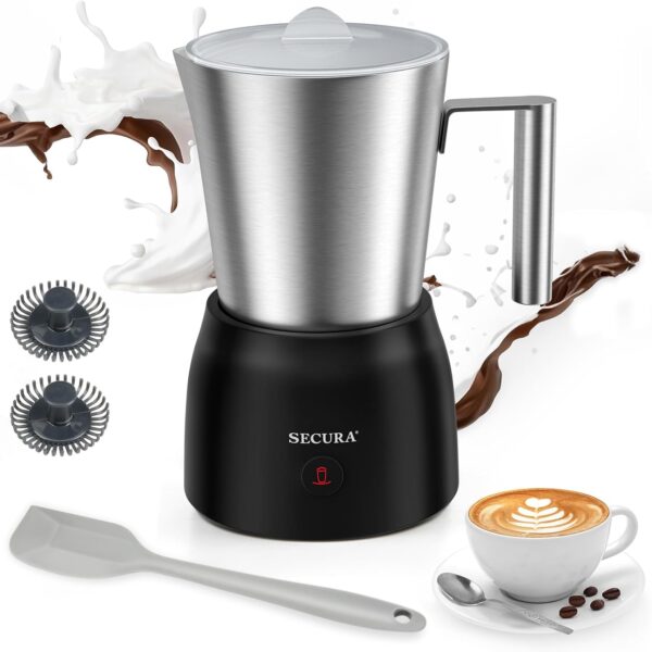 Secura 17oz Detachable Milk Frother and Steamer, Stainless Steel Electric Hot/Cold Foam Maker for Lattes, Cappuccinos & Hot Chocolate, Upgraded 2-in-1 Whisks, Non-Stick & Teflon-Free Design