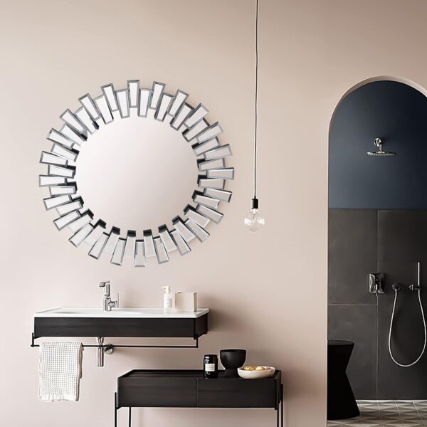 BST FURNH Round Mirror Wall Decor 24 Inches Decorative Wall Mirror with Irregular Framed and Beveled Edge Mirrors for Wall Silver Large Wall Mirror Frameless Mirrors