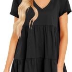 Cosonsen Womens Summer Casual Dresses 2025 Short Sleeve V-Neck Tshirt Dress Flowy Babydoll Dress