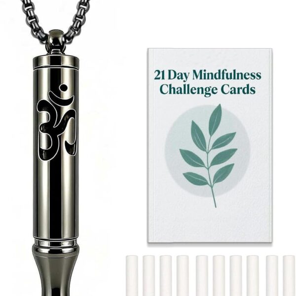 Stainless Steel Breathing Necklace with Meditation Cards, 2-in-1 Aromatherapy Necklace for Calm, Stress Support, Focus, and Urge Management for Women Men