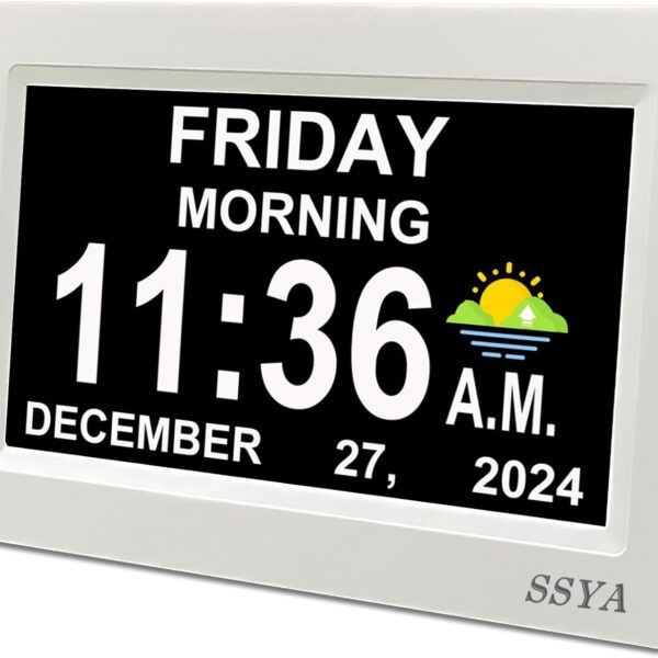 SSYA Digital Calendar Alarm Clock - Dementia Clocks for Seniors, Non-Abbreviated Memory Loss Clock with Date and Time for Elderly (White)