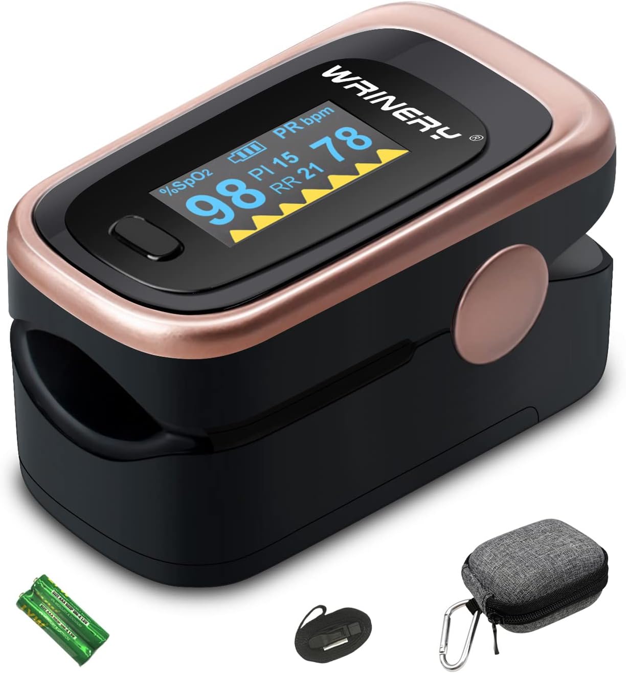 Oxygen Saturation Monitor, Wrinery Premium Pulse Oximeter Fingertip, Oxygen Monitor, O2 Saturation Monitor, OLED Portable Oximetry with Batteries, Lanyard (Rose gold-Royal black) Oxygen Saturation Monitor, Wrinery Premium Pulse Oximeter Fingertip, Oxygen Monitor, O2 Saturation Monitor, OLED Portable Oximetry with Batteries, Lanyard (Rose gold-Royal black)