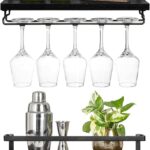 Mkono Wall Mounted Wine Rack Set of 2 Wood Shelf Rustic Wine Bottle Glass Floating Shelves with Stemware Hanger Modern Plants Photos Wine Display Storage Holder for Kitchen Dining Room Bar, Black