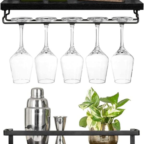 Mkono Wall Mounted Wine Rack Set of 2 Wood Shelf Rustic Wine Bottle Glass Floating Shelves with Stemware Hanger Modern Plants Photos Wine Display Storage Holder for Kitchen Dining Room Bar, Black