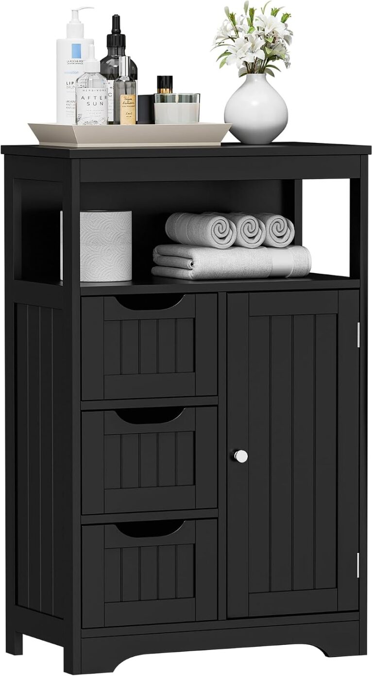 ZenStyle Bathroom Floor Cabinet, Storage Organizer with 3 Drawers and 1 Door, Free Standing Entryway Cupboard for Home Office (Black)