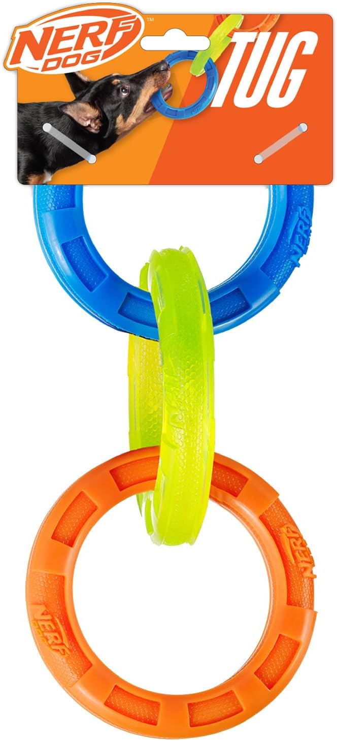 Nerf Dog 3-Ring Tug Outdoor Dog Toy, 10.5 Inch Ring Dog Tug Toy for Medium and Large Breeds, Blue/Green/Orange Nerf Dog 3-Ring Tug Outdoor Dog Toy, 10.5 Inch Ring Dog Tug Toy for Medium and Large Breeds, Blue/Green/Orange