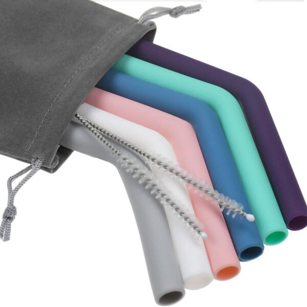 Senneny Set of 6 Silicone Drinking Straws for 30oz and 20oz - Reusable Silicone Straws BPA Free Extra Long with Cleaning Brushes- 6 Bent- 8mm diameter