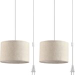 2 Pack Plug in Pendant Light, Hanging Light with 15Ft Clear Cord, On/Off Switch, Beige Linen Fabric Lamp Shade, Hanging Light Fixture for Bedroom, Kitchen, Living Room, Dining Table