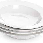 DOWAN Soup and Pasta Bowls Set of 4, White Porcelain Wide Rim Salad Plates, 20 Ounces, Microwave & Dishwasher Safe