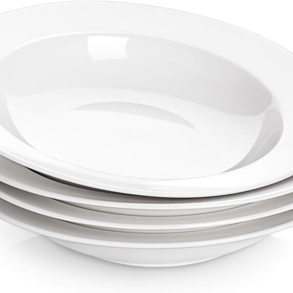 DOWAN Soup and Pasta Bowls Set of 4, White Porcelain Wide Rim Salad Plates, 20 Ounces, Microwave & Dishwasher Safe