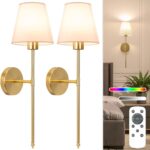 NIORSUN Battery Operated Wall Sconce Set of 2,Gold Rechargeable Wall Lights with 10400mAh Dimmable Bulbs and Remote,10 Colors Wireless Wall Lamps for Bedroom Living Room Hallway Decor