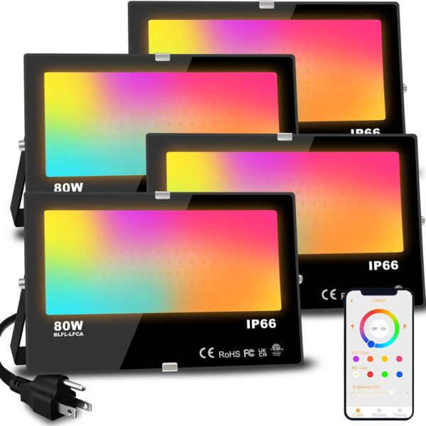 MELPO LED Flood Light Outdoor 800W Equivalent 8000LM Smart RGB Landscape Lighting with APP Control, DIY Scenes - Timing - Warm White 2700K - Color Changing Uplight, IP66 Waterproof US Plug (4Pack)