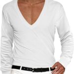 Deep V Neck Shirts for Men Long Sleeve Stretch T Shirt Low Cut Undershirts Muscle Athletic Workout Tees Pullover Tops