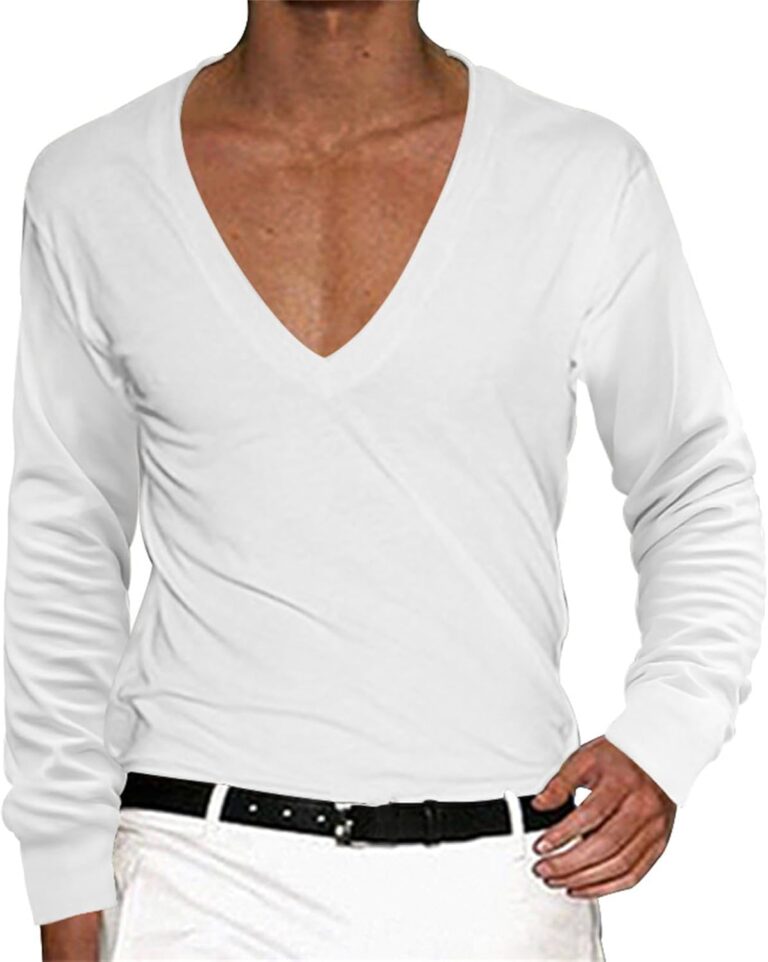 Deep V Neck Shirts for Men Long Sleeve Stretch T Shirt Low Cut Undershirts Muscle Athletic Workout Tees Pullover Tops