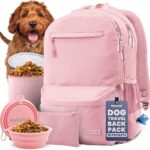 Dog Travel Bag for Supplies - Complete Dog Diaper Bag Backpack with 2 BPA-Free Travel Bowls, Treat Pouch, Food Container, Placemat & Laptop Sleeve  for Traveling, Road Trips, Hiking: Dusty Pink