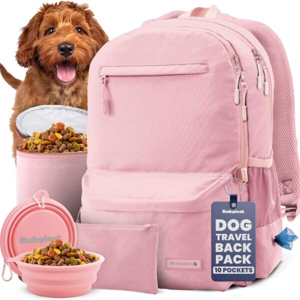 Dog Travel Bag for Supplies - Complete Dog Diaper Bag Backpack with 2 BPA-Free Travel Bowls, Treat Pouch, Food Container, Placemat & Laptop Sleeve for Traveling, Road Trips, Hiking: Dusty Pink
