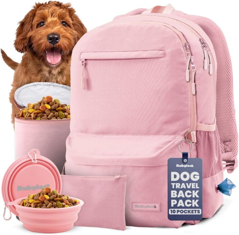 Dog Travel Bag for Supplies - Complete Dog Diaper Bag Backpack with 2 BPA-Free Travel Bowls, Treat Pouch, Food Container, Placemat & Laptop Sleeve  for Traveling, Road Trips, Hiking: Dusty Pink