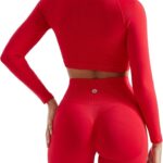 SUUKSESS Women 2 Piece Workout Sets Hidden Scrunch Hip Lifting Seamless Leggings Long Sleeve Yoga Crop Tops