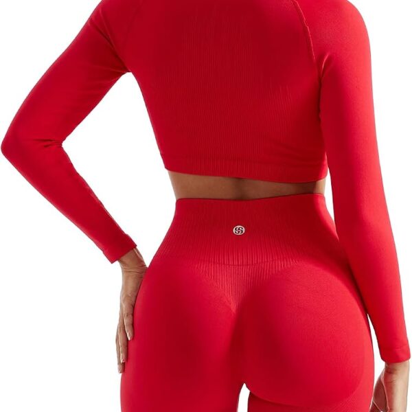 SUUKSESS Women 2 Piece Workout Sets Hidden Scrunch Hip Lifting Seamless Leggings Long Sleeve Yoga Crop Tops